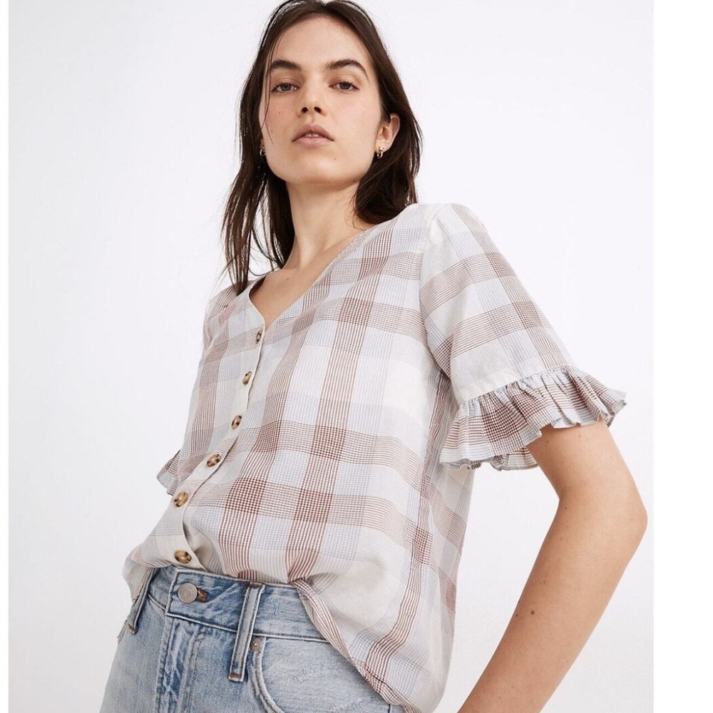 Madewell Plaid V-Neck Ruffle Sleeve Top